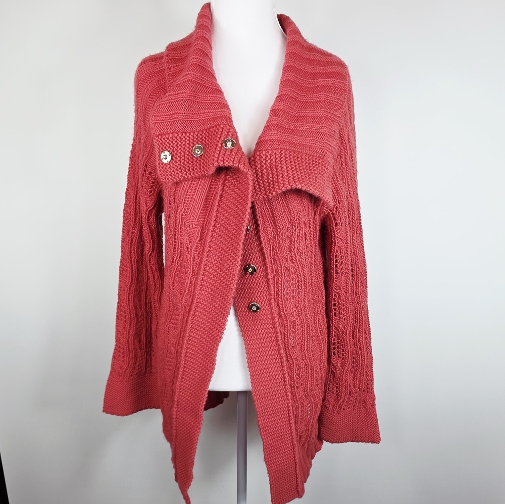 Free People Oxid Orange Turtleneck Wool Open Knit Sweater Cardigan Women Size M